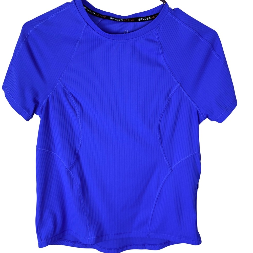 Spyder Active Royal Blue Ribbed Short Sleeve Performance Top‎ Small Zip Pocket W